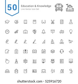 Education And Knowledge Icon Set. 50 Line Vector Icons.