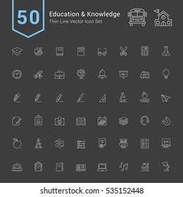 Education and Knowledge Icon Set. 50 Thin Line Vector Icons.