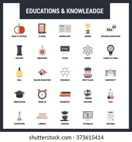 Education and Knowledge Icon Set. Abstract vector set of colorful flat education and knowledge icons.