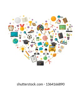 Education, knowledge icon set in heart symbol in flat style vector illustration over white. 
