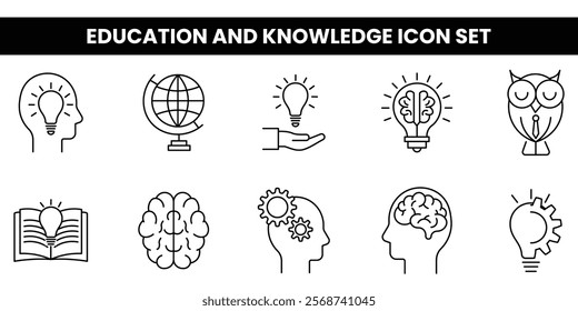 Education and knowledge icon set with lightbulbs, brains, books, and globes. Perfect for academic projects, learning resources, and educational-themed designs for schools or presentations.