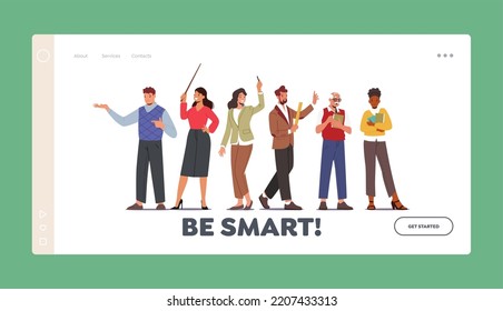 Education, Knowledge Landing Page Template. Teachers with Textbook, Chalk, Ruler or Pointer Teach on Lesson, Young and Senior Men or Women Explain Classes. Cartoon People Vector Illustration