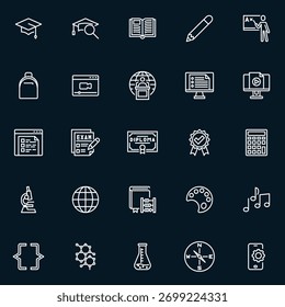 Conjunto de ícones de educação e linha de conhecimento. Contorno de pacote de vetor com símbolos como tampa de graduação, diploma, exame, microscópio, livro, bússola, calculadora e mochila.