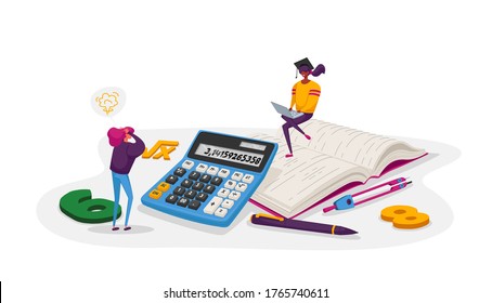 Education, Knowledge And Mathematics Science Concept. Tiny Female Character With Learning Stationery College Or University Students In Bachelor Cap With Calculator. Cartoon People Vector Illustration