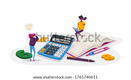 Education, Knowledge and Mathematics Science Concept. Tiny Female Character with Learning Stationery College or University Students in Bachelor Cap with Calculator. Cartoon People Vector Illustration