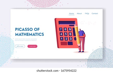 Education, Knowledge and Mathematics Science Landing Page Template. Tiny Male Character with Learning Stationery, College or University Student with Calculator and Pencil. Cartoon Vector Illustration
