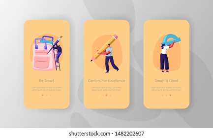 Education Knowledge Mobile App Page Onboard Screen Set. Male Female Characters Ruler, Pencil Stationery and Backpack. Back to School Concept for Website or Web Page, Cartoon Flat Vector Illustration