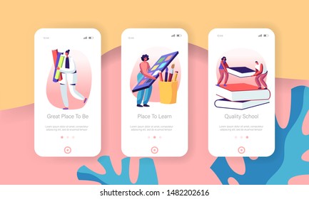 Education Knowledge Mobile App Page Onboard Screen Set. Male and Female Character with Studying Equipment as Books, Paints and Brush Concept for Website or Web Page, Cartoon Flat Vector Illustration