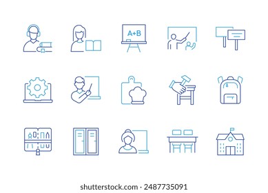 Education and knowledge - modern line design style icons on white background. Student, audiobook, chalkboard, elementary school, teacher, backpack, pencil case and lockers, desk and chairs, lesson