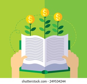Education and knowledge. Money growing from book. Concept business illustration. Vector flat