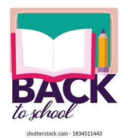 Education and knowledge obtaining, back to school banner with calligraphy text. Open book with pencils and blackboard for writing. Equipment for classes and lessons at establishment, vector in flat
