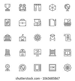 Education and knowledge outline icons set. linear style symbols collection, line signs pack. vector graphics. Set includes icons as trophy, glasses, book and pencil, curtain, 3D Cube with projection