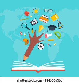 Education and knowledge pencil  tree over the opened book and world map, vector illustration. Back to school.