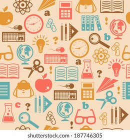 Education knowledge seamless wallpaper with school supplies book backpack vector illustration