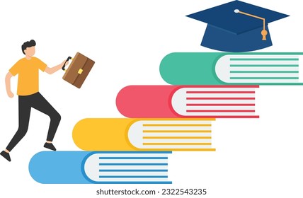 Education, Knowledge steps, Learning Study and skill development,  achieve business success, businessman step up on the books to achieve diploma cap

