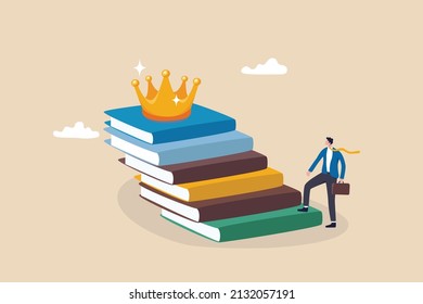 Education or knowledge steps to success, learning or study for skill development to achieve business success concept, businessman step up on stack of books as staircase to achieve crown at the top.