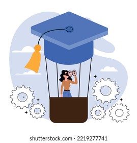 Education or knowledge. Young girl flies in balloon with headdress and looks through binoculars. Self development and education. Poster or banner for website. Cartoon flat vector illustration