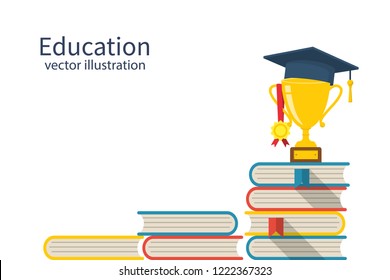 Education ladder concept. Top of the piles of books. Cup with an academic cap and a medal on top. Achievement goals in learning and success. Stairs knowledge.