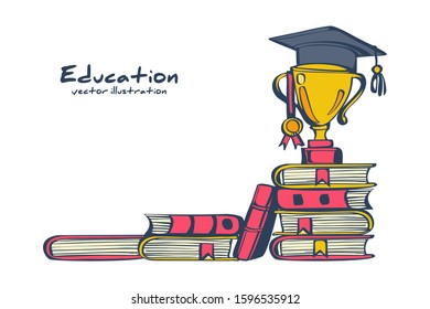 Education ladder concept. Top of the piles of books. Cup with an academic cap and a medal on top. Achievement goals in learning and success. Stairs knowledge.
