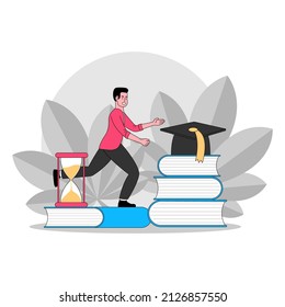 Education ladder concept. Young man goes to the top of the piles of books. Cup with an academic cap and a medal on top. Achievement goals in learning and success. Stairs knowledge.