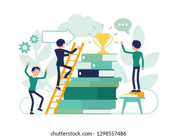 Education ladder leading to future life success. Young male students studying in school or university, college training lessons to get certificate, motivation. Vector illustration, faceless characters