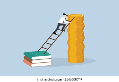 La educación es más fácil para el éxito, el aumento del conocimiento ayuda al crecimiento del ingreso o al concepto de extensión de negocios. Empresario inteligente subiendo la escalera de la pila de libros para llegar a la cima de las monedas en dólares.