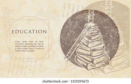 Education. Ladders on stack of books. Renaissance background. Medieval manuscript, engraving art 