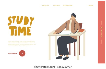 Education Landing Page Template. Man Sitting at Desk with Textbook in Hands Listening Lecture on Lesson in University. Student Male Character Learning in College, Classes. Linear Vector Illustration