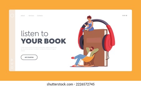 Education Landing Page Template. Relaxed Man and Woman Readers Characters Sitting at Huge Book With Headphones Listening Online Stories. Online Library, E-book Concept. Cartoon Vector Illustration