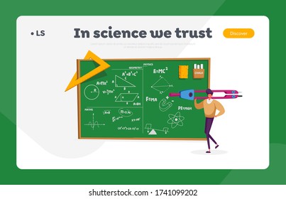 Education Landing Page Template. Tiny Teacher Male Character Holding Huge Compass Stand at Green Chalkboard with Geometry and Physics Formulas, Ruler, Sponge and Chalk. Cartoon Vector Illustration