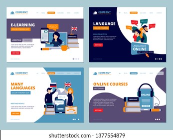 Education landing. Web trainings language courses tutorials wireframe ui template flat characters vector business landing pages