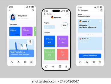 Education language app concept in flat design. A template program for learning different languages, in which you can monitor progress, perform various tasks and etc. Vector Illustration.
