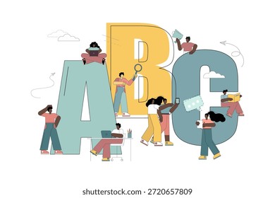 Educación. Aprendizaje de idiomas. Aprendizaje en línea. Personas aprendiendo idiomas. Letras A B C. ilustración plana de Vector.