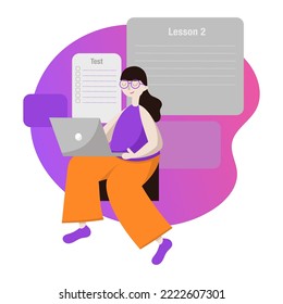 Education, Language online course. Young woman are studying. Educational class, digital classroom. Textbook, Dictionary, laptop, lesson, test. Flat vector illustration.