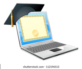 Education laptop concept. Illustration of a laptop computer with a mortar board cap and diploma certificate on screen. Distance learning, or IT computer courses, or other similar education themes.