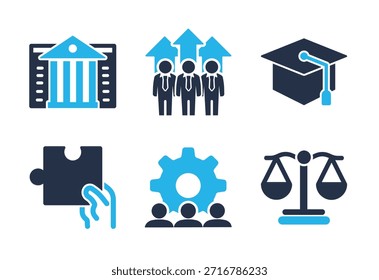 Conjunto de iconos de Educación, derecho y trabajo en equipo. Iconos de la serie de glifos sólidos