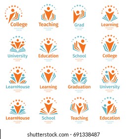 Education and learn logo set, university and school books, graduate hats and human silhouettes logotypes collection. Teaching symbols vector illustration. 