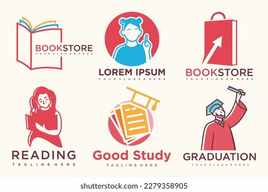 education and learn logo set.school book,graduate hat,book store and student.Teaching symbols