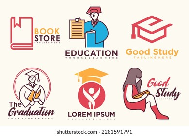 education and learn logo set.school book,graduate hat,book store and student.Teaching symbols