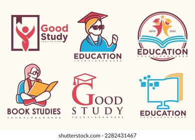education and learn logo set.school book,graduate hat,book store and student.Teaching symbols
