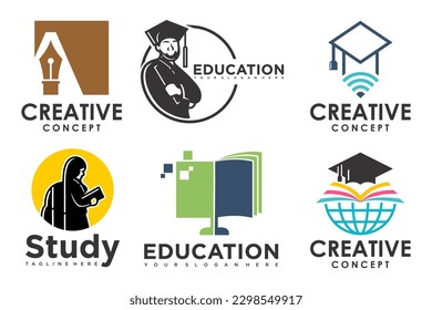 education and learn logo set.school book,graduate hat,pen,book store and student.Teaching symbols