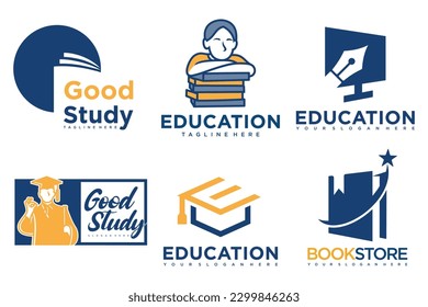 education and learn logo set.school book,graduate hat,pen,book store and student.Teaching symbols