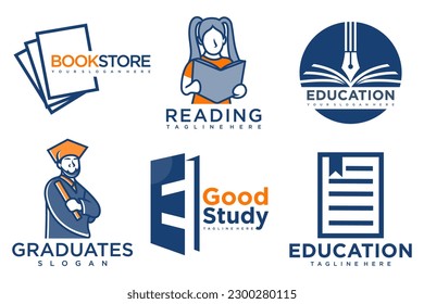 education and learn logo set.school book,graduate hat,pen,book store and student.Teaching symbols