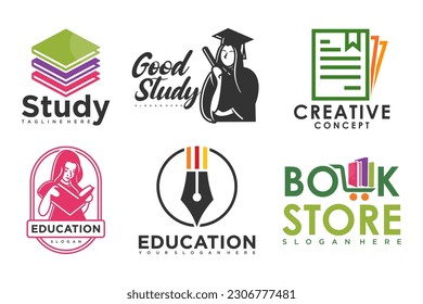 education and learn logo set.school book,graduate hat,pen,book store and student.Teaching symbols