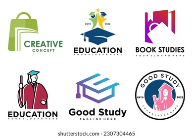 education and learn logo set.school book,graduate hat,book store and student.Teaching symbols