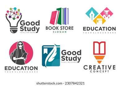 conjunto de logotipos de educación y aprendizaje.libro escolar, sombrero de graduación, lámpara, librería y alumno.Símbolos de enseñanza