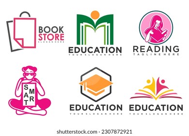 education and learn logo set.school book,graduate hat,book store and student.Teaching symbols