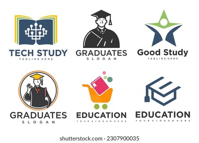 education and learn logo set.school book,graduate hat,book store and student.Teaching symbols