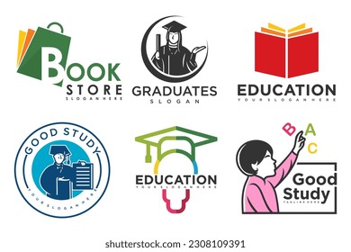 education and learn logo set.school book,graduate hat,lamp,book store and student.Teaching symbols