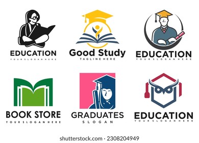 education and learn logo set.school book,graduate hat,book store and student.Teaching symbols